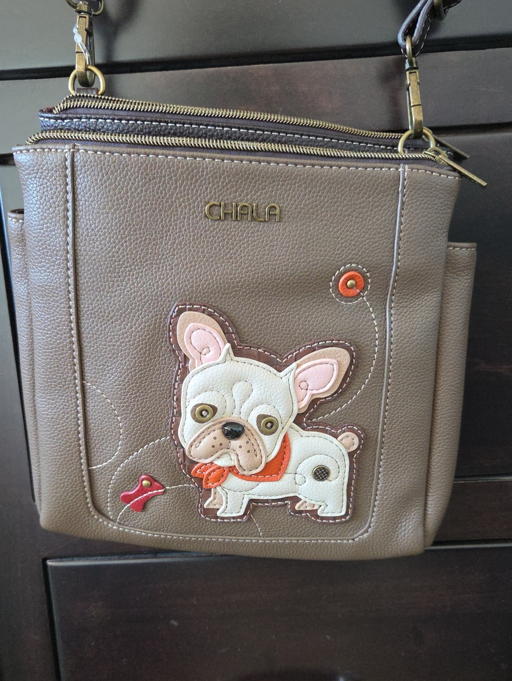 CHALA Merry Messenger French Bulldog Crossbody Bag Faux Leather Brown